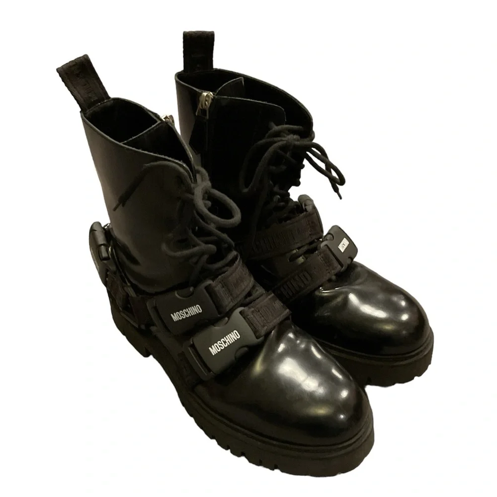 Moschino Italy Signature Strap Black Leather Combat MOTO Boots Platform Shoes 41 - Picture 2 of 11